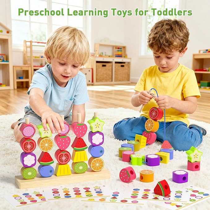Montessori Toys for 3 4 5 Year Old, Wooden Fruit Toddler Stacking Toys, Stacking Blocks & Lacing Beads & Shape Sorter Toy for Toddler, STEM Preschool Learning Toys for Kids Boys Girls