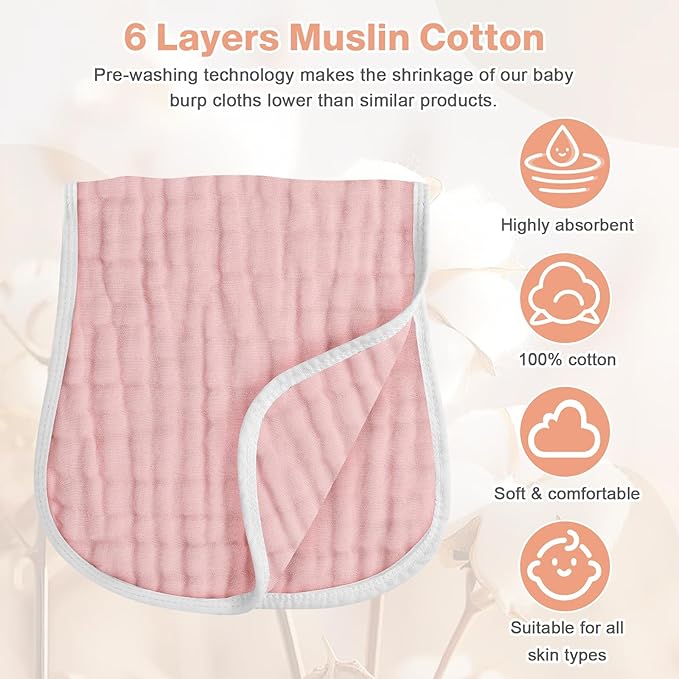 MUKIN Baby Muslin Burp Cloth Set of 6, Ultra Soft Absorbent Thick Cotton Burping Cloths for Unisex Newborn Babies, 20'' by 10'' Neutral Milk Spit Up Rags Boys Girls - Baby Must Haves. (Gradient Pink)