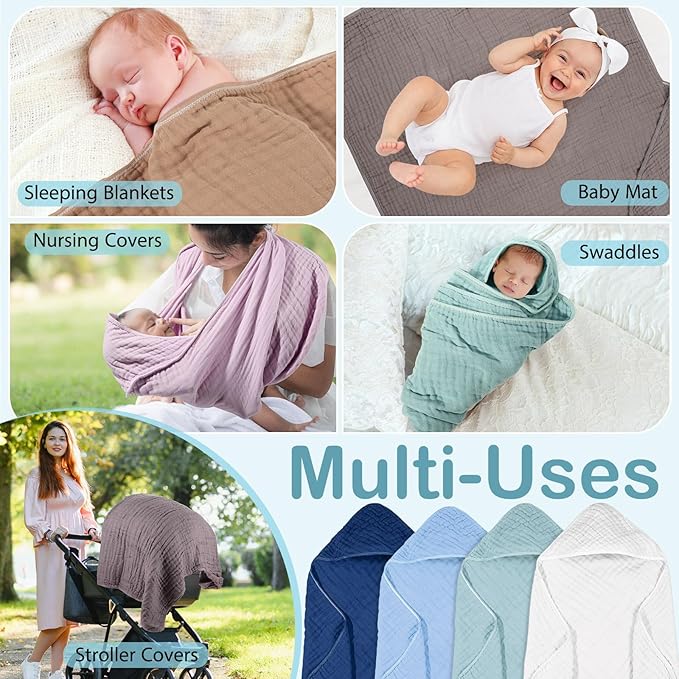 Peryiter 4 Pcs Muslin Hooded Baby Towels, 32"x 32" Cotton Newborn Bath Towel Muslin Infant Baby Blankets Absorbent Unisex Christmas Registry Gift Essentials for Girls Boys (Blue Series)