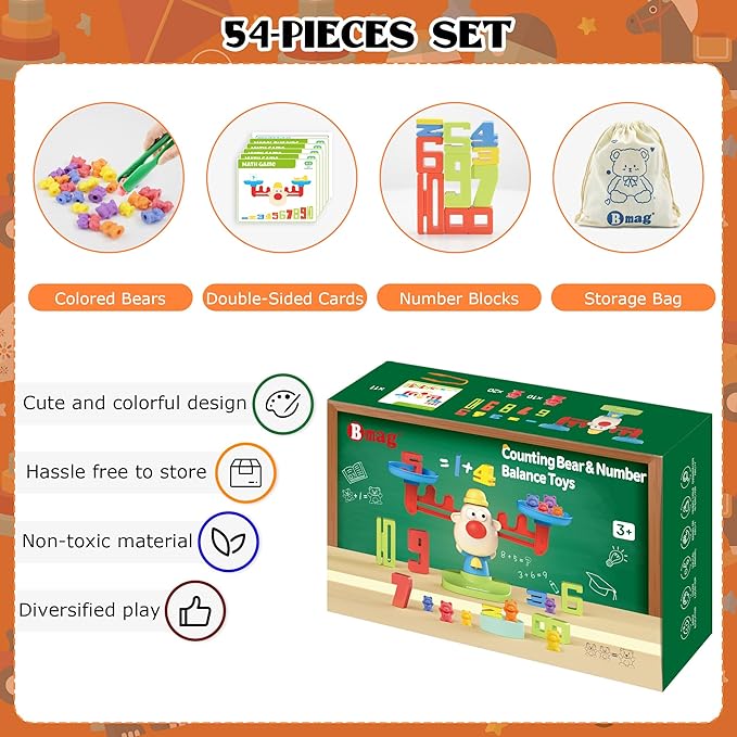 Bmag Balance Math Toys, 3 in 1 Counting Stacking and Balancing Math Learning Game for Kids, STEM Learning Activities Educational Toys with 30 Bears, 10 Numberblocks, 1 Tweezers, 11 Activity Cards