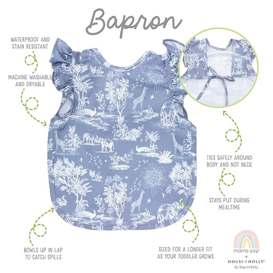 BapronBaby Flutter Savanna Blue Bapron - No Neck Tie Safer Bib for Baby & Toddler - Soft Waterproof Stain Resistant - Machine Washable - Sz Baby/Toddler 6m-3T