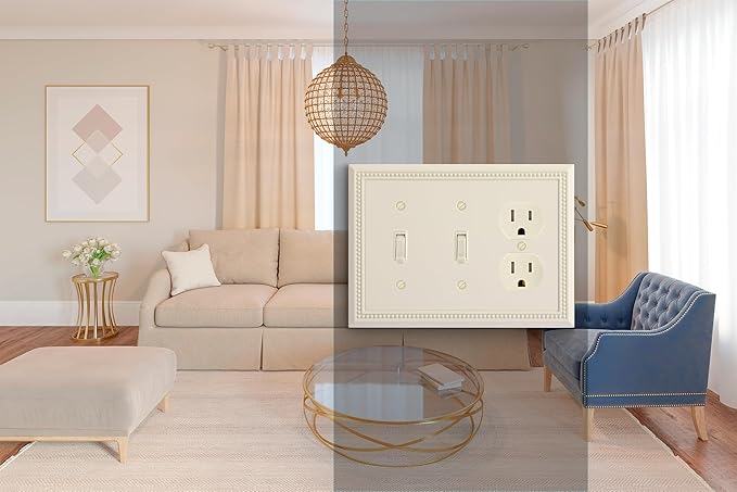 Henne Bery Sunken Pearls Heavy Duty Decorative Wall Plate Switch Plate Outlet Cover (Double Toggle/Single Duplex, Light Almond)