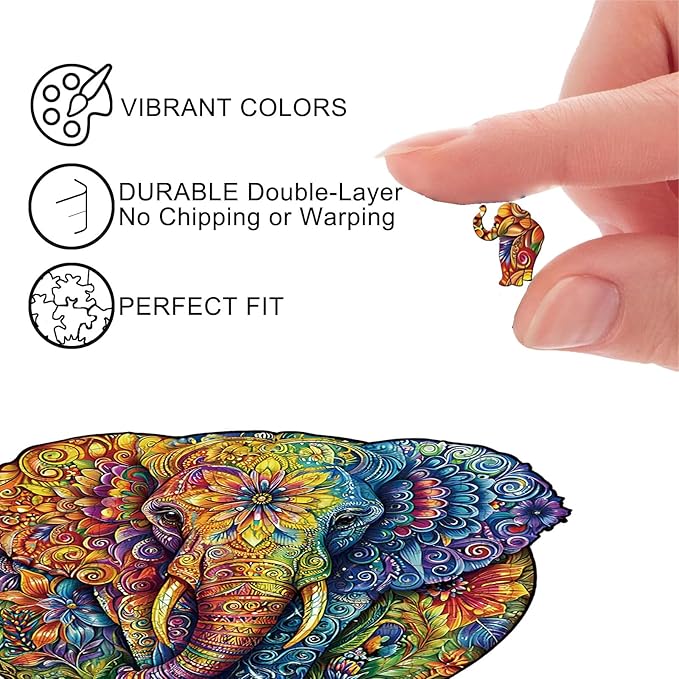 Wooden Jigsaw Puzzle for Adults - Mandala Elephant Unique Animal Shaped, 13.3x13.2in, 300 Pieces, Zen Art, Challenging and Fun Gift