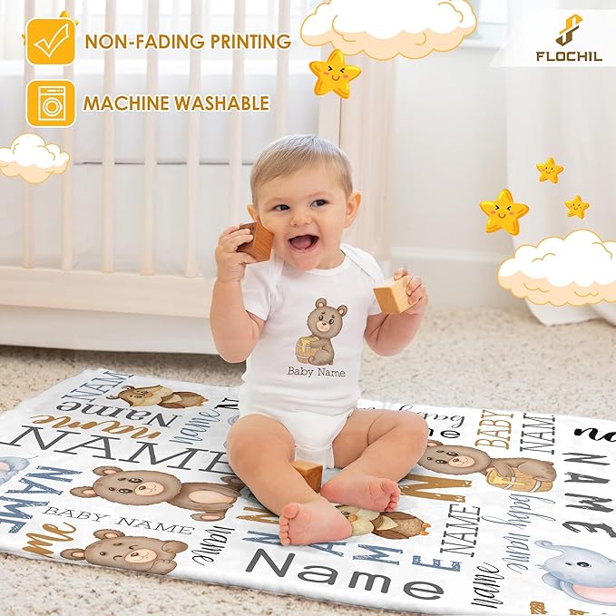 FLOCHIL Personalized Baby Blankets, Custom Baby Blanket - Baby Blanket with Name for Boys, Best Gift for Newborn Elephants Flush Fleece (30x40) (Monogram 2)