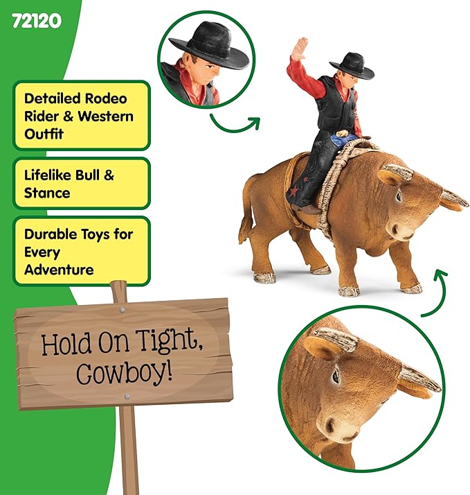 Schleich Farm World Cowboy Bull Riding 4-Piece Cowboy Toy Set for Rodeo Fans & Kids Ages 3+