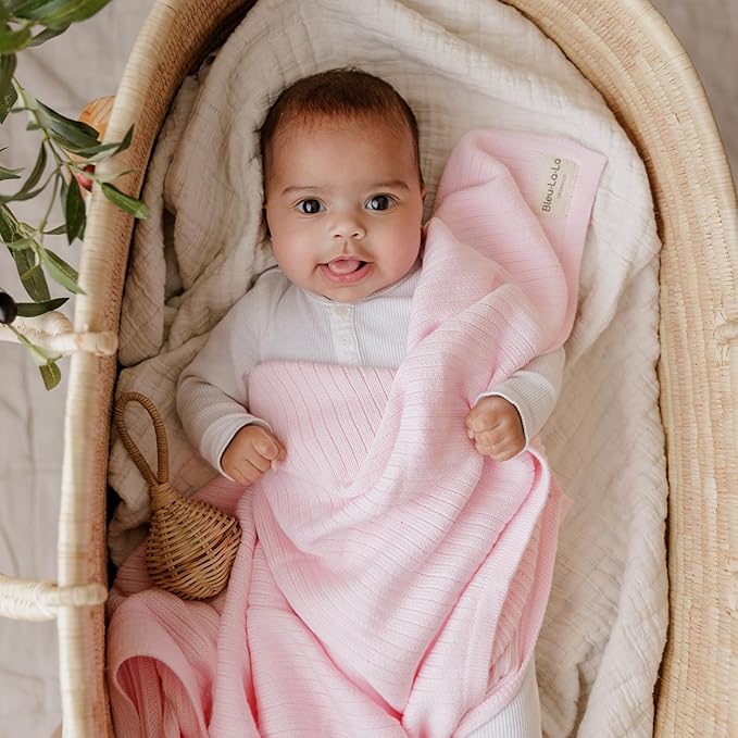 Organic Ribbed Swaddle Blanket for Boys & Girls - 100% Luxury Organic Soft Cotton Knit Warm Cozy Cuddle Stroller Blanket for Newborns, Infants, & Toddlers (Blush Pink)