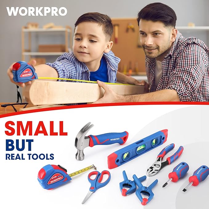 WORKPRO Kids Real Tool Set with 12 Inch Steel Tool Chest with Wheels, 10PCS Boys First Tool Set with 2 Drawers Blue Metal Rolling Tool Chest, Kids Woodworking Tools for DIY, Home Repair