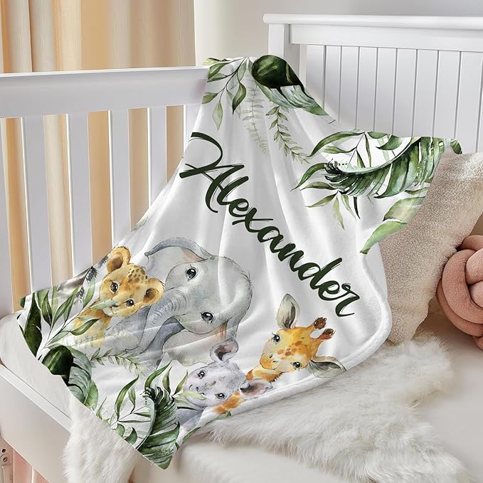 J&SBGFT Personalized Baby Blanket for Boys,Custom Baby Blanket with Name, Customized Name Blanket Receiving Blankets for Toddlers Kids Nursery Stroller Crib Decor Throw,Safari Animal Green