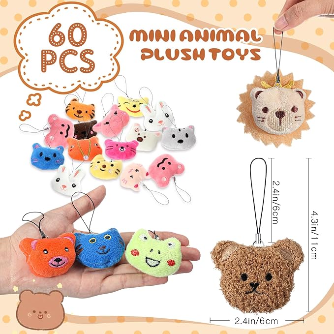 Libima 60 Pcs Mini Stuffed Animals Sea Animal Fruit Plush Keychain Set for Carnival Birthday Classroom Prizes Decoration for Clothes (Cute)