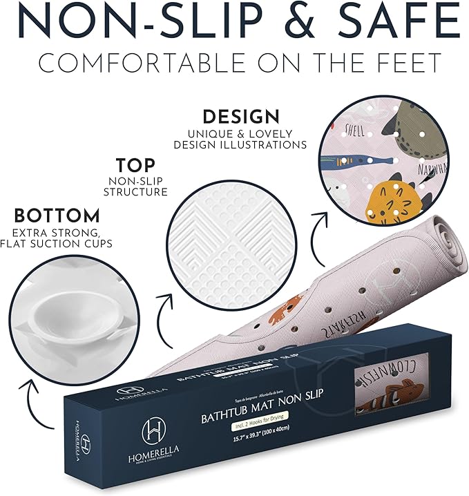 Homerella Baby Bath Tub Mat | Anti Mold Mildew Resistant Non Slip Kids and Adult Bath Tub Shower Mats | 40x16 inch Long with Suction Cups for Secure Grip Hooks for Storage & Drying | Machine Washable