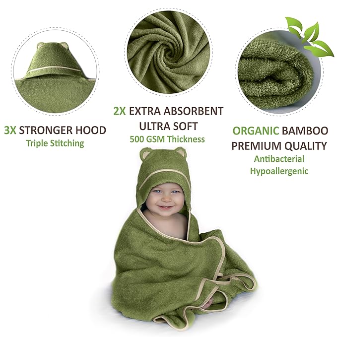 Premium Baby Bath Towel - Rayon Made from Bamboo Hooded Baby Towels - Newborn Baby Towel with Hood - Large Hooded Towel for Newborn Infant Boy Girl (Olive)