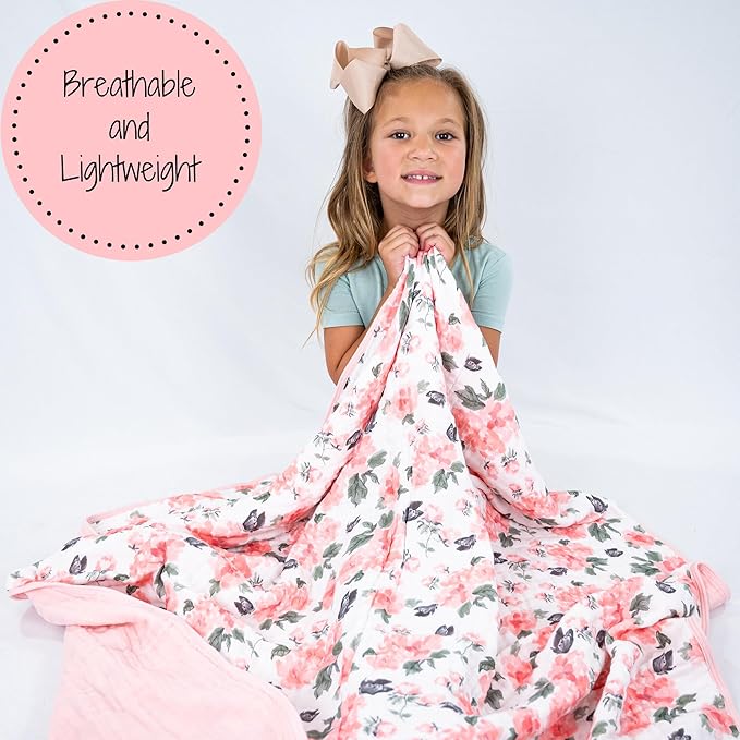 LollyBanks Muslin Baby Blanket 100% Organic Cotton, Muslin Quilt Lightweight, 6 Layers Soft Blanket for Girls, 47"x 47" Toddler Blankets, Nursery Receiving Blankets (Pink Peony Print)