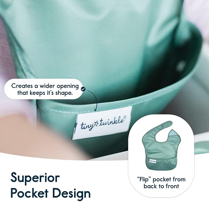 Tiny Twinkle Mess Proof Baby Bibs for Eating – Waterproof, Wipeable Toddler Bibs with Pocket – Baby Food Bibs for Girls & Boys(3 Pack,Slate, Olive)