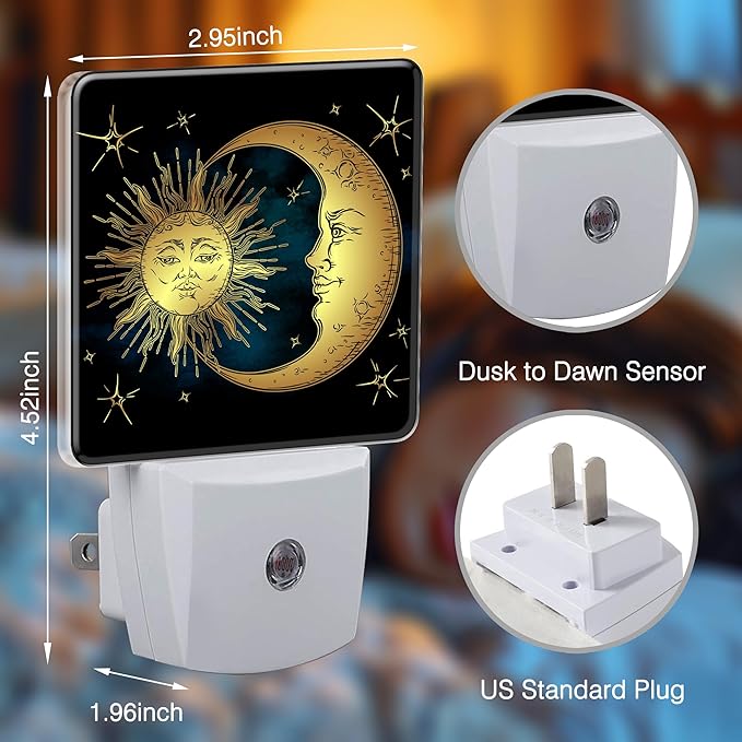 Celestial Moon Sun Night Light Plug into Wall with Dusk to Dawn Light Sensors Boho Chic Stars Night Light LED Lamp for Bedroom Hallway Home Wall Decor Nightlight for Girls Boys Men Women