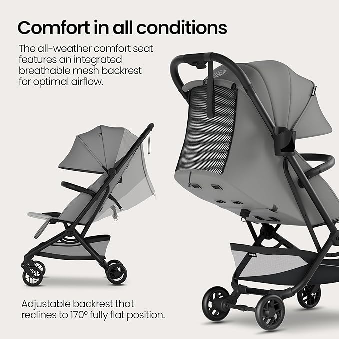 Mompush Velo Lightweight Travel Stroller, Compact & Airplane-Friendly for Baby and Toddler, Lie-Flat Seat, One-Hand Fold, with Leather Bumper Bar, Shoulder Strap, Raincover, Storage Bag & Cup Holder