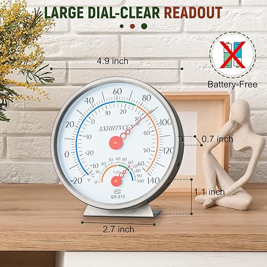 Indoor Outdoor Big Dial Thermometer Hygrometer Waterproof- No Batteries Required for House, Terrarium, Incubator, Greenhouse by AXHHTVCGY