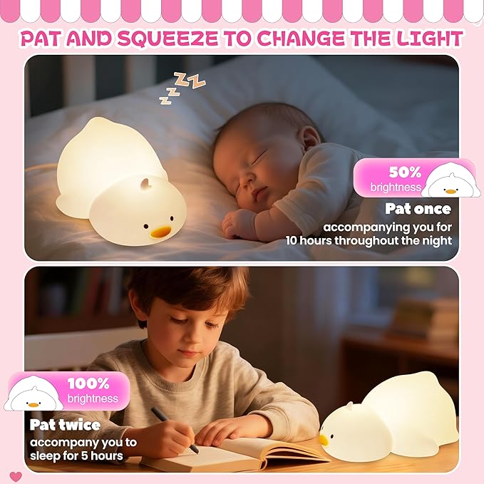 Night Light for Kids, Rechargeable Dimmable Silicone LED Nightlight with 7 Colors, Baby Nursery Night Lamp, Touch Squishy Lamp, Cute Gifts for Girls, Boys, Toddler Room Decor, Lying Duck