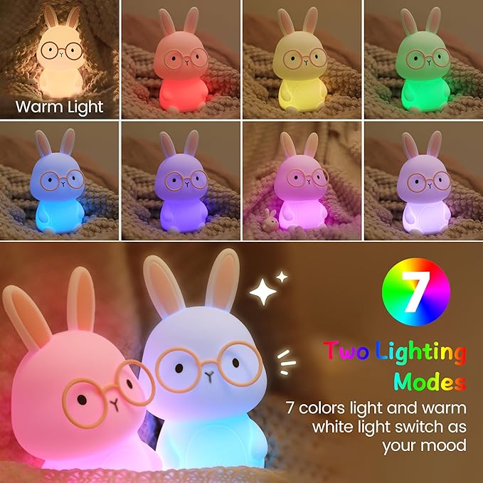 Bunny Night Light for Kids, Soft Silicone Nursery Lamp, 7-Color Glow, 3-Level Dimmable Warm Light, Tap Control, 30Min Timer, Rechargeable, BPA-Free, Easter & Birthday Gift, Baby Room Decor, Pink
