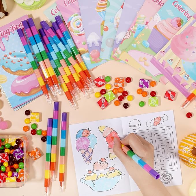 BenLouis 12 Donut Candyland Mini Coloring Books Kids with 12 Stacking Crayons Ice Cream Party Favors Small Activity Books Bulk for Kids Sweet Treats Desserts Birthday Party Gift Goodie Bag Stuffers