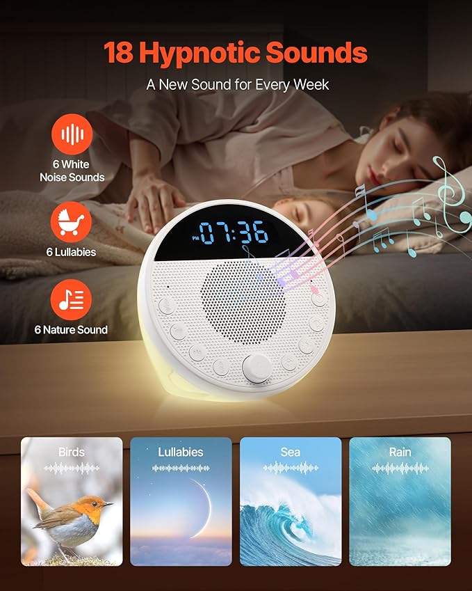 VEVOR Sound Machine, 18 Soothing Sleep Sounds, 7-Color Night Light, 6-in-1 White Noise Sound Machine with Dual Alarms, APP, Auto-Off Timer and Memory Function, for Baby, Adults, Home, Office & Travel