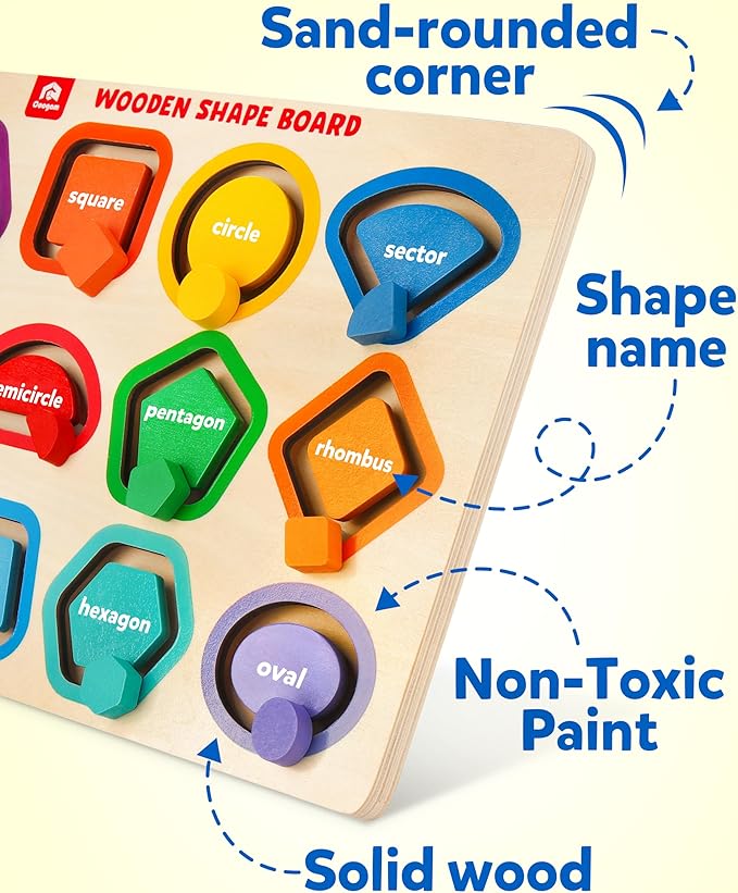 Coogam Wooden Color Shape Puzzle Board for Toddlers, Movable Sorting and Stacking Montessori Peg Board Matching Game Activities, Fine Motor Educational Learning Toys for Kids 3 4 5 Year Old