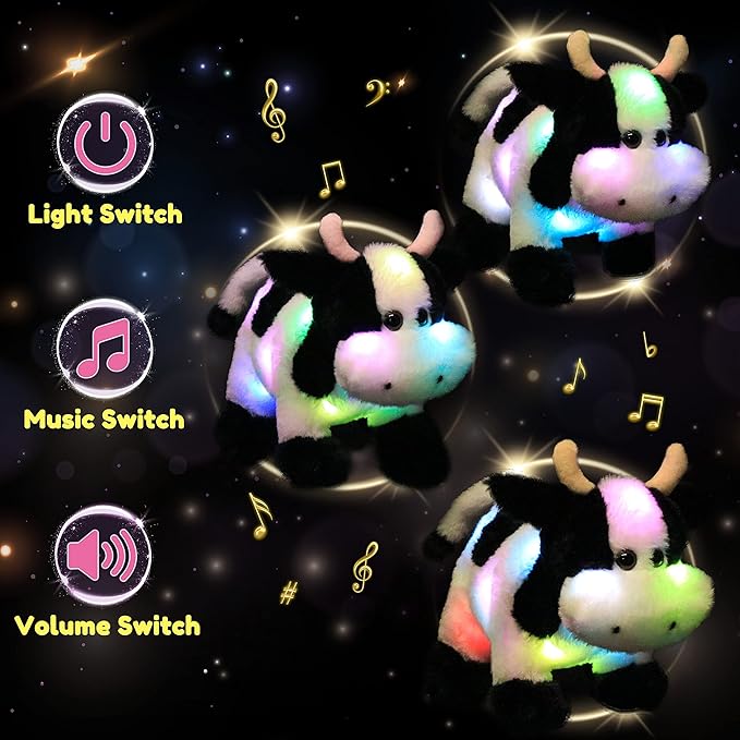 Hopearl LED Musical Stuffed Cow Lighting Up Singing Plush Toy Adjustable Volume Lullaby Animated Soothe Birthday Festival for Kids Toddler Girls, 12''