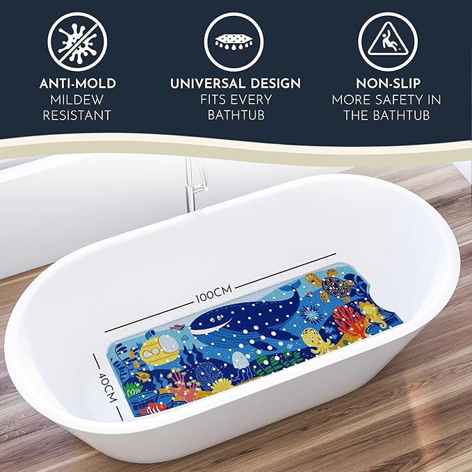 Homerella Baby Bath Tub Mat | Anti Mold Mildew Resistant Non Slip Kids and Adult Bath Tub Shower Mats | 40x16 inch Long with Suction Cups for Secure Grip Hooks for Storage & Drying | Machine Washable