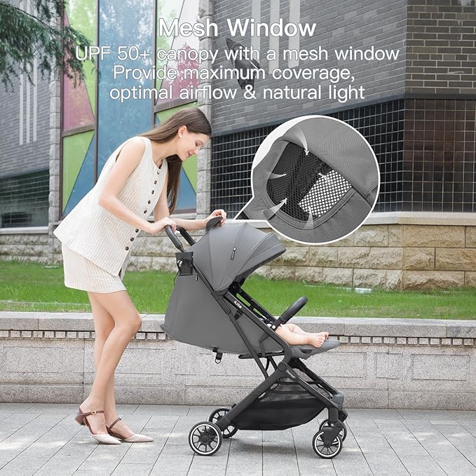 Compact Fold Baby Stroller, Lightweight Travel Toddler Stroller with One-Click Fold, Extendable UPF50+ Canopy, Cup Holder, UV Protected and Waterproof, One-Hand Folding - Gray