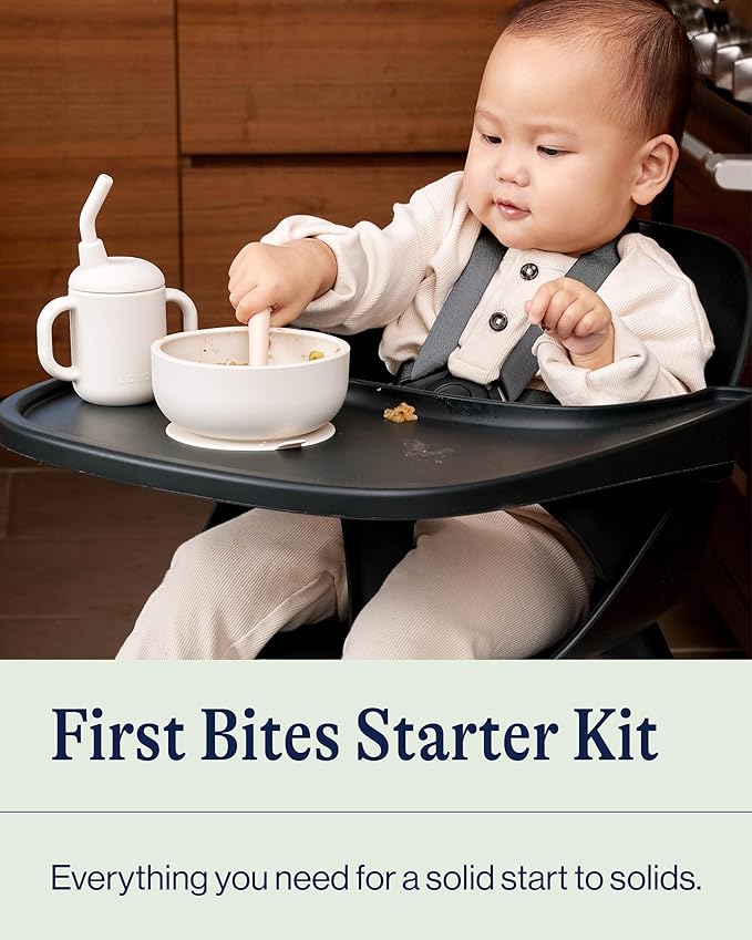 Lalo First Bites Silicone Baby Feeding Set - Baby Led Weaning Supplies - Non-Toxic Silicone - Includes 2 Spoons, Training Cup, & Suction Bowl - 4 Pieces - Lavender