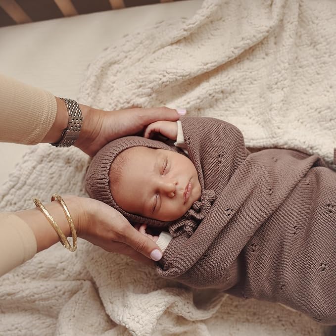 Organic Pointelle Receiving Swaddle Blanket for Girls - 100% Luxury Organic Soft Cotton Knit Warm Cozy Cuddle Stroller Crib Blanket for Newborns Infants & Toddlers (Mocha + Hat)