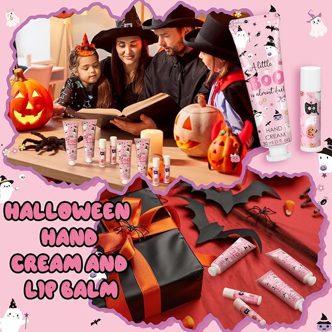 24 Sets Halloween a Little Boo Is Almost Due Baby Shower Hand Cream and Lip Balm Gift Travel Size Hand Lotion and Lip Balm with Organza Bags Tags Pink Black Halloween Baby Shower Favors for Guests