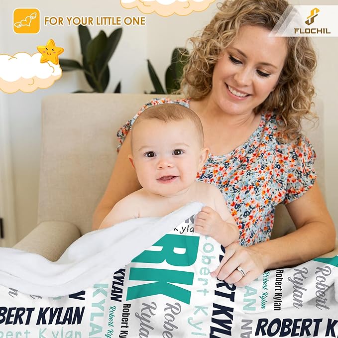 FLOCHIL Personalized Baby Blankets, Custom Baby Blanket - Baby Blanket with Name for Boys, Best Gift for Baby, Newborn Elephants Flush Fleece (30x40) (Monogram 3)