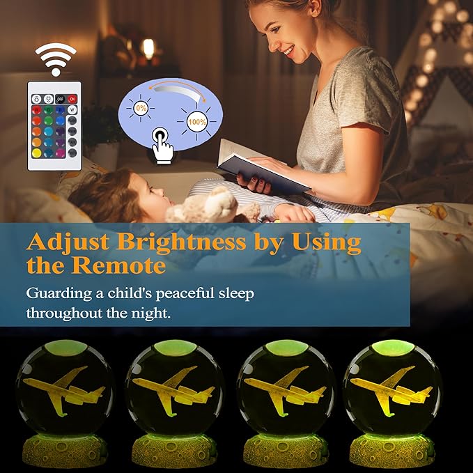 Planes Night Light, Aviation Gifts, 3D Crystal Ball 3.15 Inch (80mm) Airplane Night Light with Remote, Pilot Lamps with 16 Color for Birthday Xmas Cool Figurines Gifts for Room Decor Boys Girls