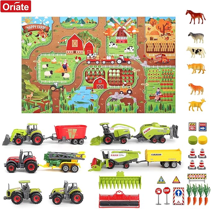 Oriate Farm Tractor Toys Vehicle with Animals & Activity Play Mat, 38Pcs Educational Realistic Kid's DIY Diecast Set, Kids Tractors Trailer Sprayer Cow Animal Toy Birthday Gift