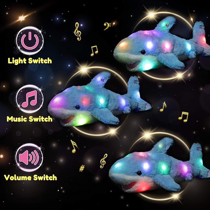 Hopearl LED Musical Stuffed Shark Lighting Up Singing Plush Toy Adjustable Volume Lullaby Animated Soothe Birthday Festival for Kids Toddler Girls, Blue, 16''