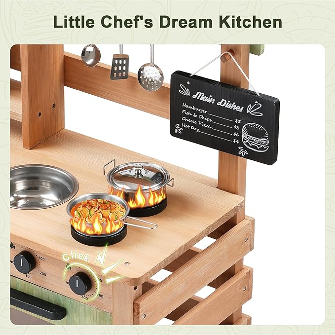 OLLIKIVI Outdoor Play Kitchen for Kids | Wooden Mud Kitchen Set with Removable Sink, Planting Area, Oven, Stove, Dual-Sided Chalkboard & Storage | Backyard Pretend Toy | Ages 3+