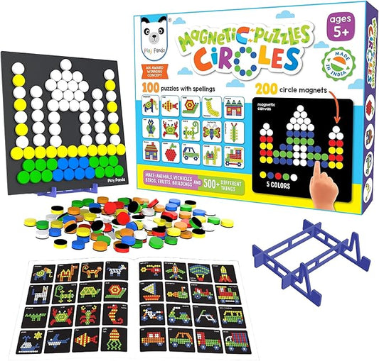 Magnetic Puzzle Circles | 100 guided Puzzles | 200 Tangram Puzzle Circles Magnets | Magnetic Board & Display Stand | STEM Educational Toy for Kids Ages 5+ years