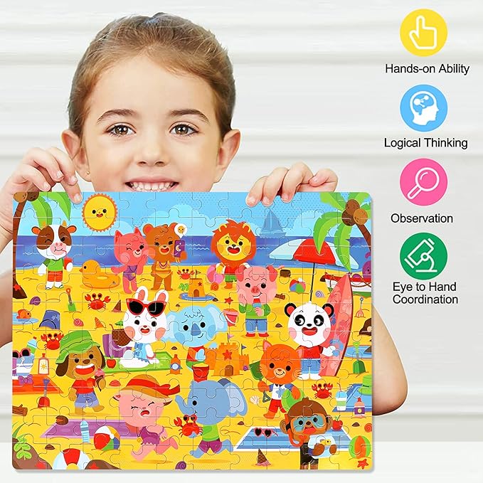 LELEMON Beach Animal Jigsaw Puzzles in a Metal Box 100 Pieces Beach Animal Party Jigsaw Puzzle for Kids Ages 4-8 Children Learning Educational Puzzles Toys