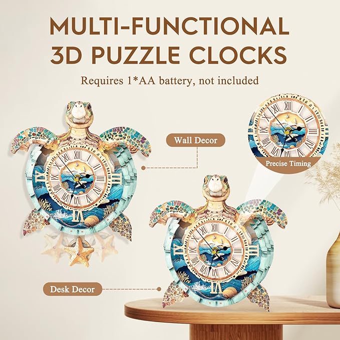 wudhank 3D Puzzle for Adults Clock - Sea Turtle Clock Design Model Kit-Mechanical DIY Pendulum Clocks with Roman Numerals-Desk Home Office Decor Personalized Gift for DIY Lovers