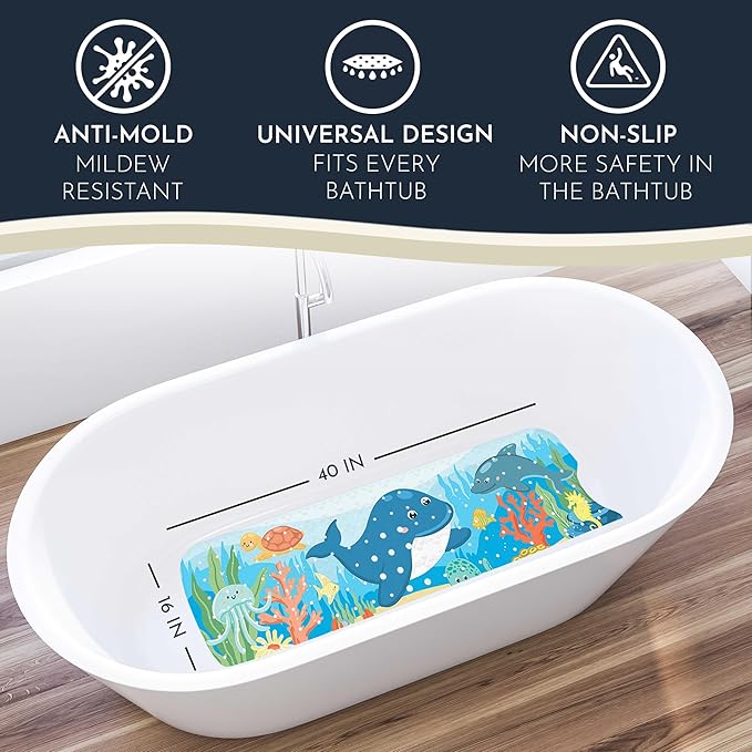 Homerella Baby Bath Tub Mat | Anti Mold Mildew Resistant Non Slip Kids and Adult Bath Tub Shower Mats | 40x16 inch Long with Suction Cups for Secure Grip Hooks for Storage & Drying | Machine Washable