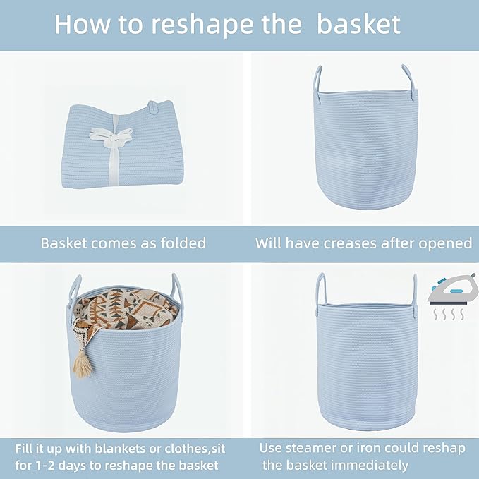 Cotton Rope Laundry Basket Hamper for Clothes Woven Storage Basket for Living Room Bedroom Boho Tall Rope Baskets for Blanket Toys Pillow Towels Baby Nursery Hamper Bin light blue