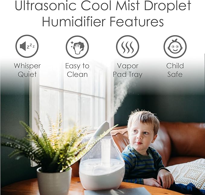 Crane Ultrasonic Teardrop Humidifier for Baby, Cool Mist, Auto Shut off, Adjustable Humidity, for Nursery, Bedroom, Clear and White, 0.5 Gallon