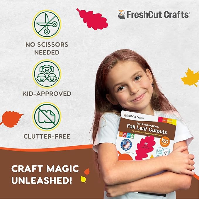 120 Pieces Fall Leaf Paper Cutouts with IDEA Guide, 2-Sided US Made Card Stock Punch Out Maple, Oak, and Birch Leaves for Bulletin Boards, Classroom Decor, Autumn Crafts, DIY Scrapbook, and Posters