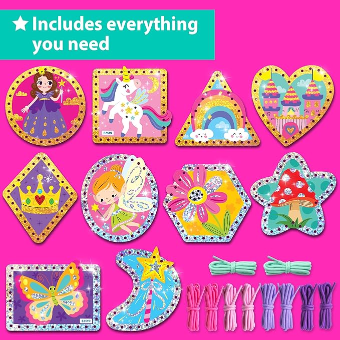 EZCRA Premium Foil Edge Lacing Cards for Kids Ages 3-6 | 10 Double-Sided Unicorn and Fairy Sewing Cards with Multilingual Learning | Durable Cardboard Fine Motor Skills Activity Kit