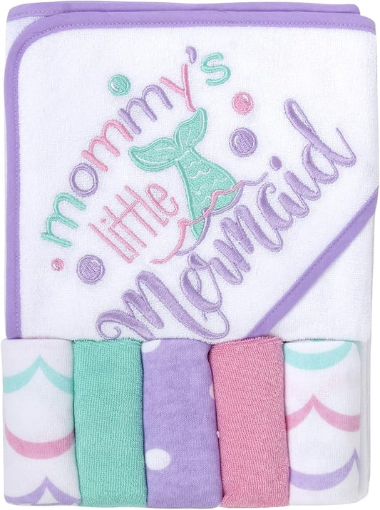 Baby Hooded Towel and Washcloth Set for Infants, Boys and Girls 6-12 Months (Mommy's Mermaid)