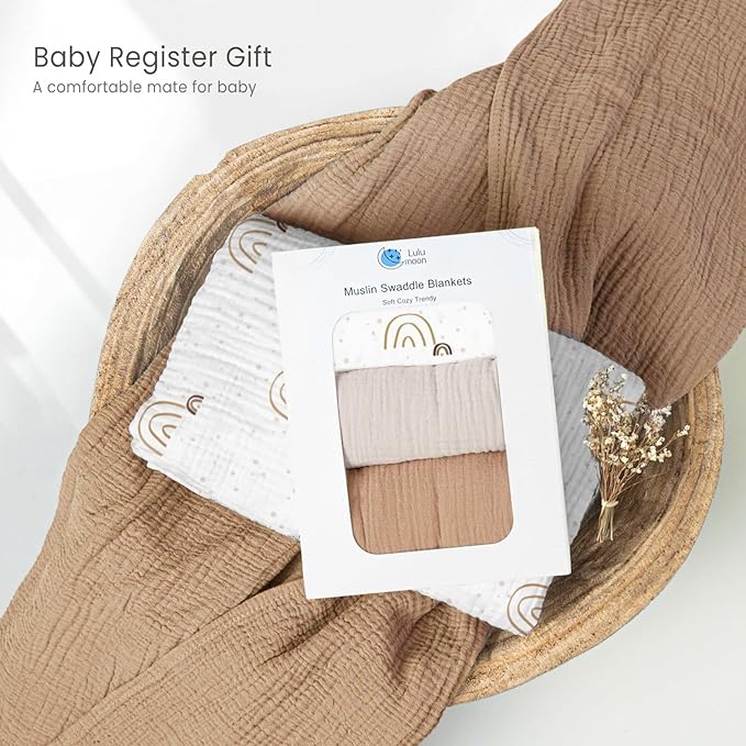 lulumoon Baby Muslin Swaddle Blankets: Soft Receiving Blanket for Newborn - Cotton Swaddling Blanket for Neutral 3Pack(Rainbow Brown)