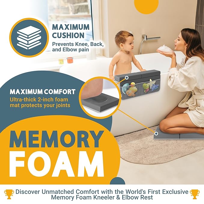 Memory Foam Bath Kneeler and Elbow Rest Pad Set, 2-Inch Thick, Water-Resistant Mat – Baby Bath Time Essentials Cushion and Bath Kneeling Pad for Bathing Baby with Bathtub Toy Organizer.