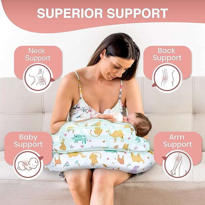 PILLANI Nursing Pillow for Breastfeeding, Breast Feeding Pillow with Security Fence for Enhanced Comfort, Baby Registry Search, Removable Cotton Cover, Adjustable Waist Strap, Newborn Pillow Supplies