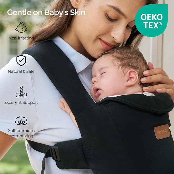 Momcozy Newborn Carrier WeeSnug- Lightweight and Cozy Comfort for 7-25 lbs, Ergonomic Cross-Back Support, Effortless to Put On, Hands-Free Baby Carrier with Lumbar Support, Black