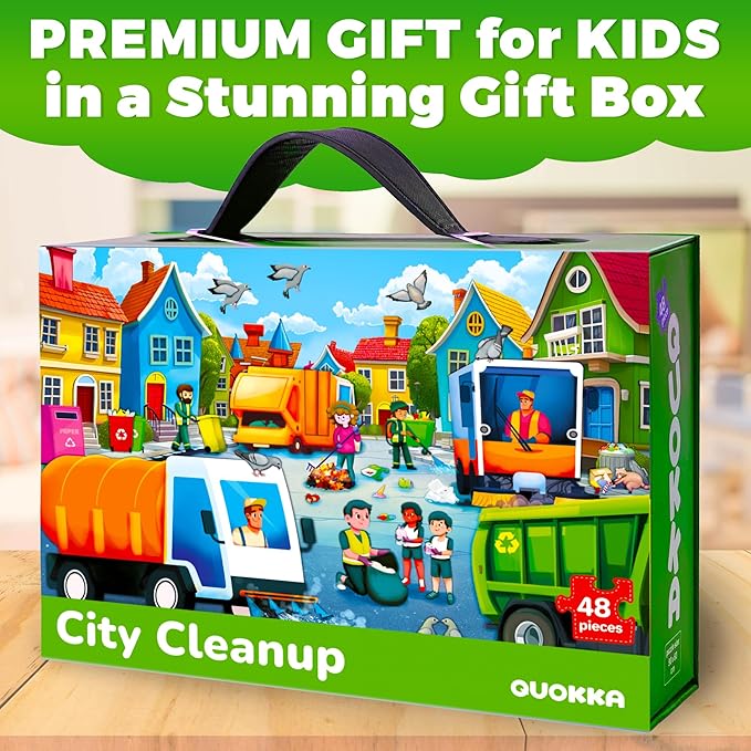 QUOKKA Giant Floor Puzzle for Kids Ages 4-6 – 2x3 Feet Extra-Thick 48 Pieces Toddler Puzzle Ages 3-5 – Garbage Trucks Educational Activity for Boys Girls – Premium Box with Sturdy Handle & Magnetic